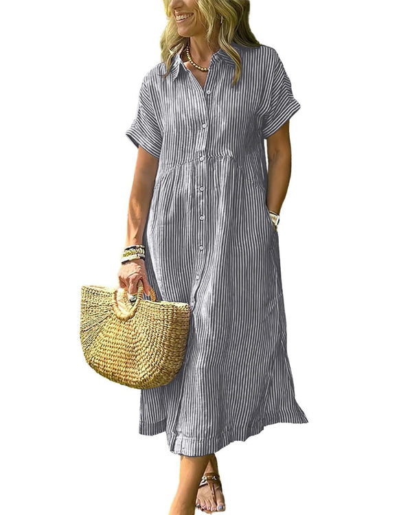 Women's Striped Midi Shirt Dress with Boho Side Slit – Effortless Summer Sundress