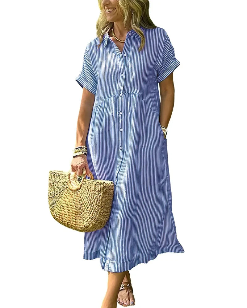Women's Striped Midi Shirt Dress with Boho Side Slit – Effortless Summer Sundress Secondary image