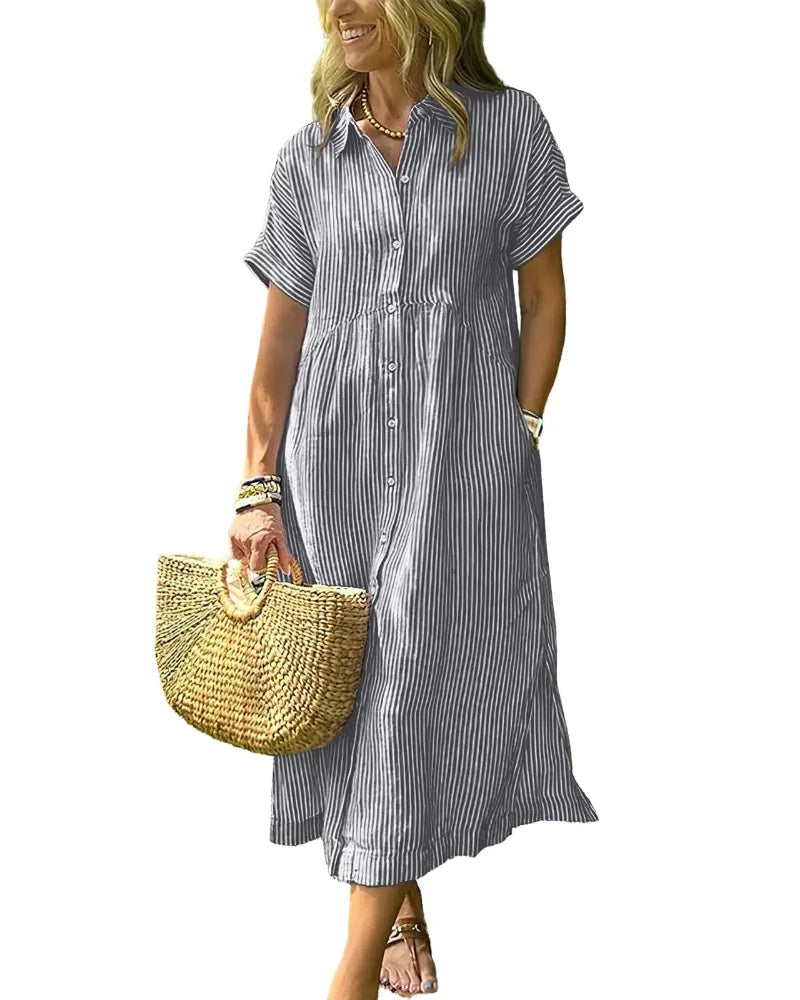 Women's Striped Midi Shirt Dress with Boho Side Slit – Effortless Summer Sundress