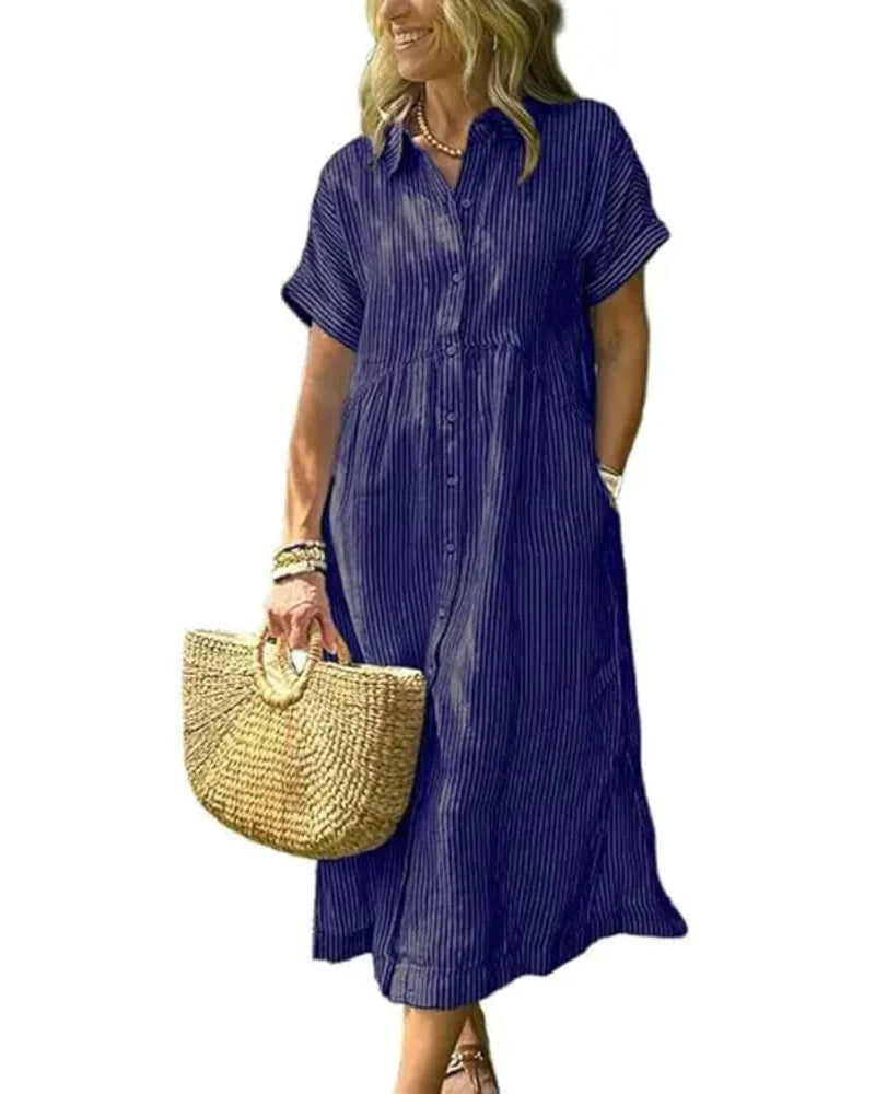 Women's Striped Midi Shirt Dress with Boho Side Slit – Effortless Summer Sundress