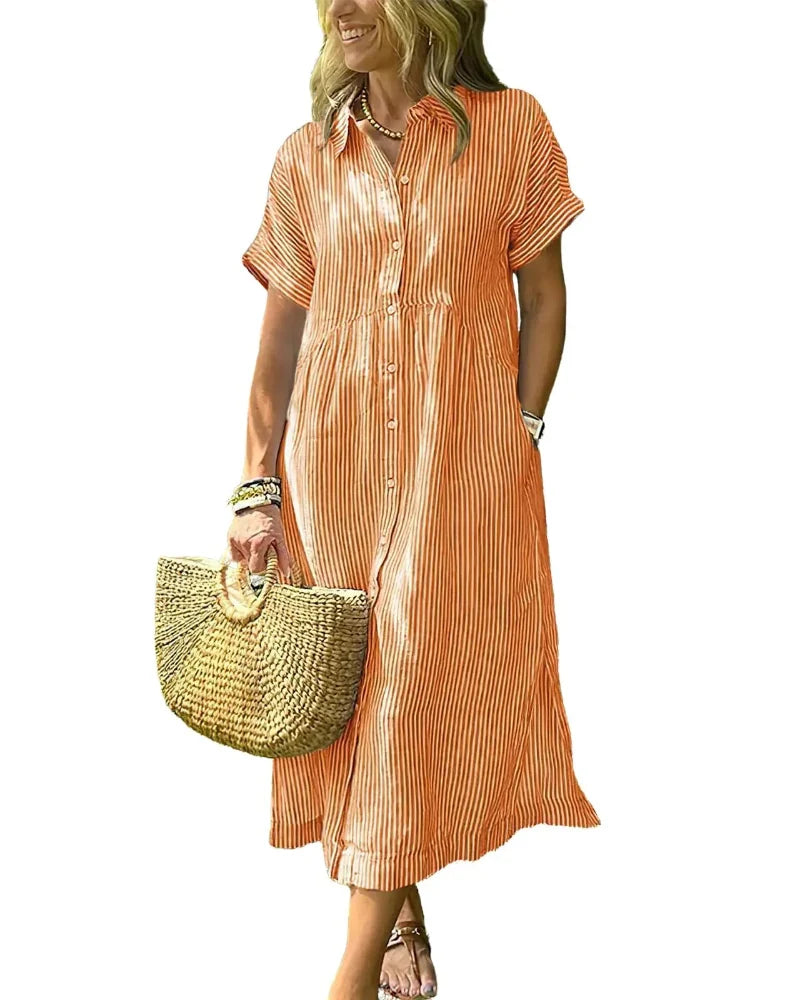 Women's Striped Midi Shirt Dress with Boho Side Slit – Effortless Summer Sundress