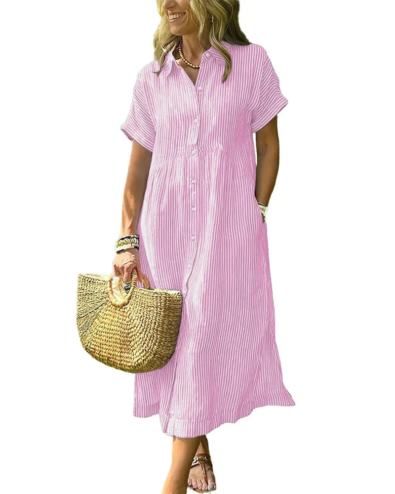 Women's Striped Midi Shirt Dress with Boho Side Slit – Effortless Summer Sundress