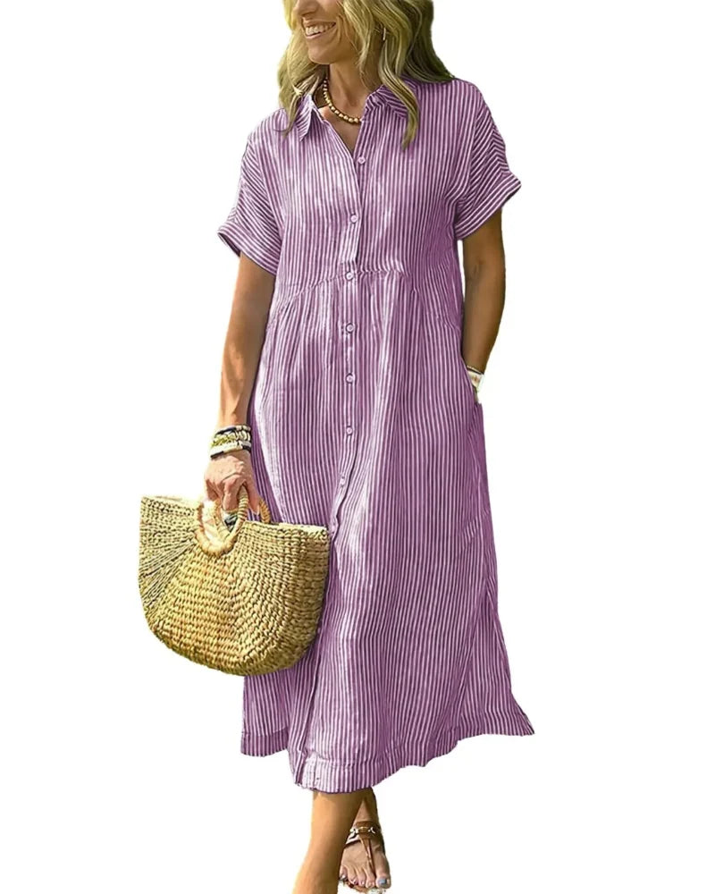 Women's Striped Midi Shirt Dress with Boho Side Slit – Effortless Summer Sundress