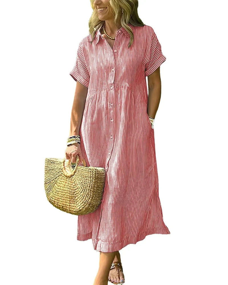 Women's Striped Midi Shirt Dress with Boho Side Slit – Effortless Summer Sundress