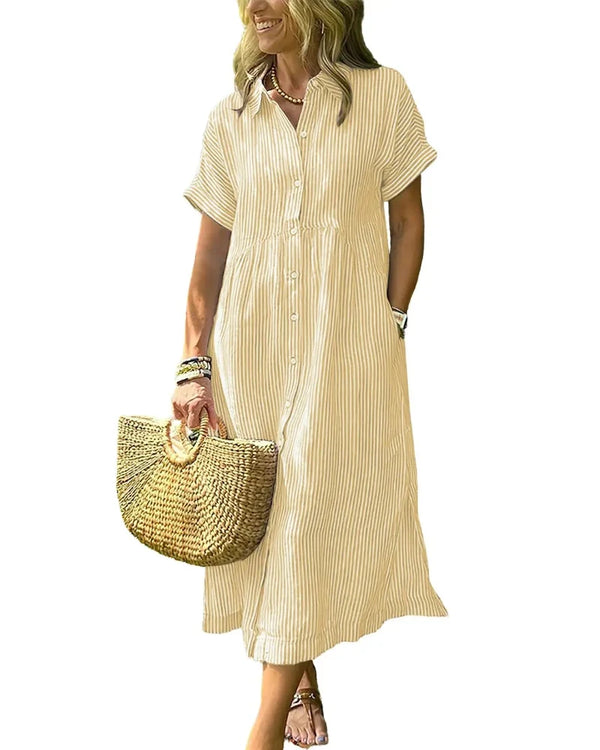 Women's Striped Midi Shirt Dress with Boho Side Slit – Effortless Summer Sundress