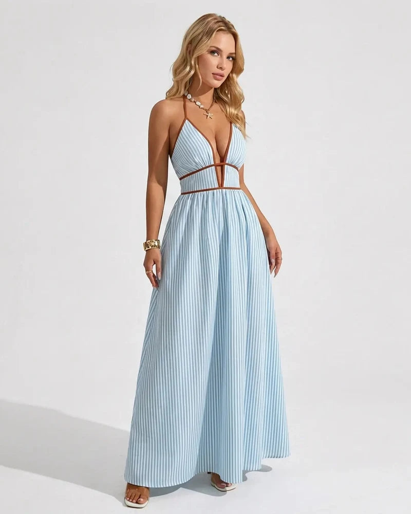 Chic Women's Pinstripe V-Neck Halter Maxi Dress – Effortlessly Stylish Summer Beachwear