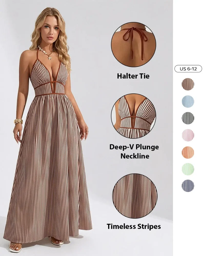 Chic Women's Pinstripe V-Neck Halter Maxi Dress – Effortlessly Stylish Summer Beachwear