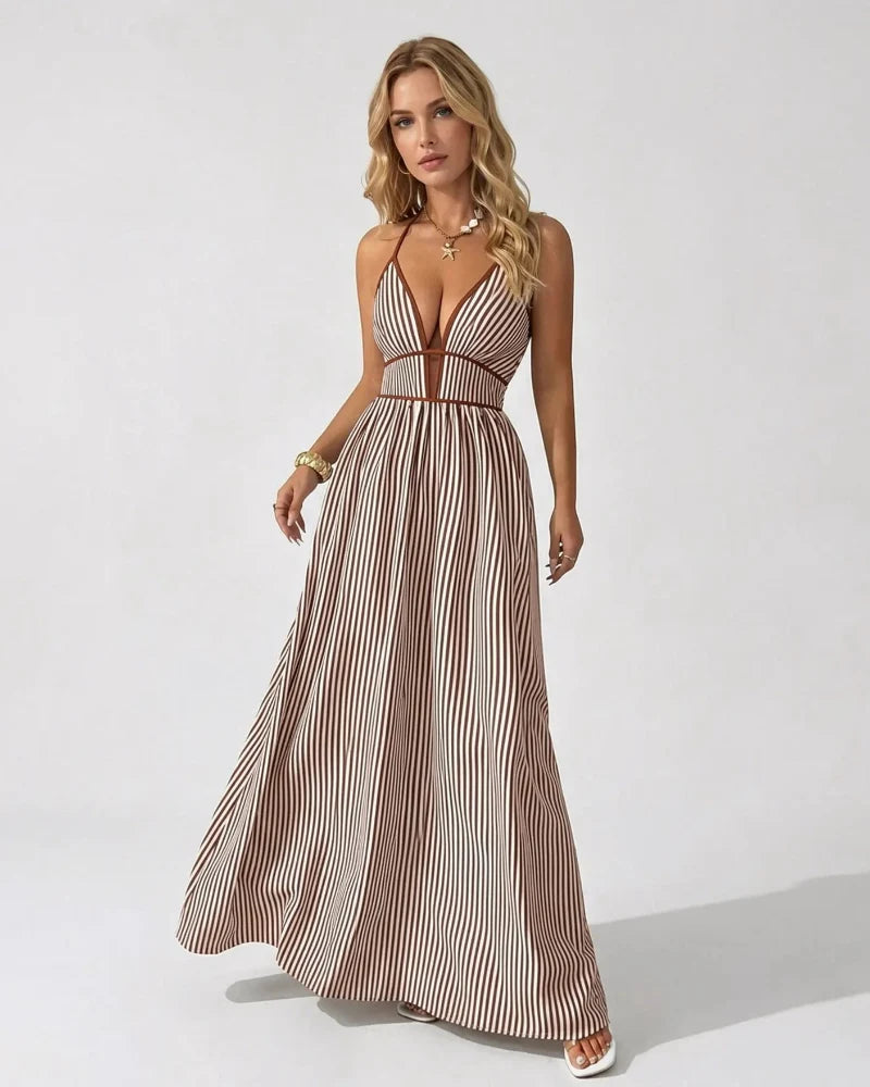 Chic Women's Pinstripe V-Neck Halter Maxi Dress – Effortlessly Stylish Summer Beachwear