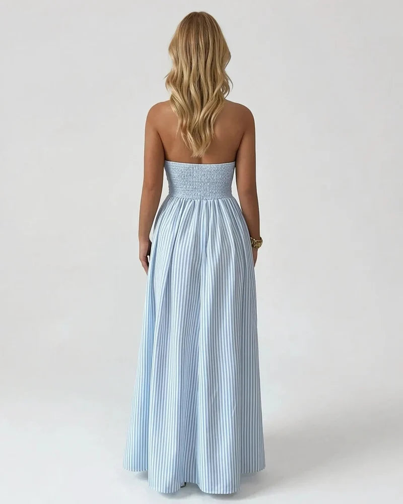 Chic Women's Pinstripe V-Neck Halter Maxi Dress – Effortlessly Stylish Summer Beachwear