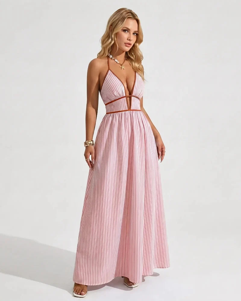 Chic Women's Pinstripe V-Neck Halter Maxi Dress – Effortlessly Stylish Summer Beachwear