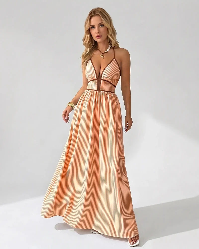 Chic Women's Pinstripe V-Neck Halter Maxi Dress – Effortlessly Stylish Summer Beachwear