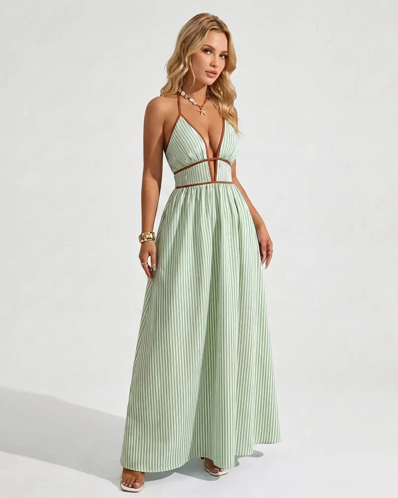 Chic Women's Pinstripe V-Neck Halter Maxi Dress – Effortlessly Stylish Summer Beachwear