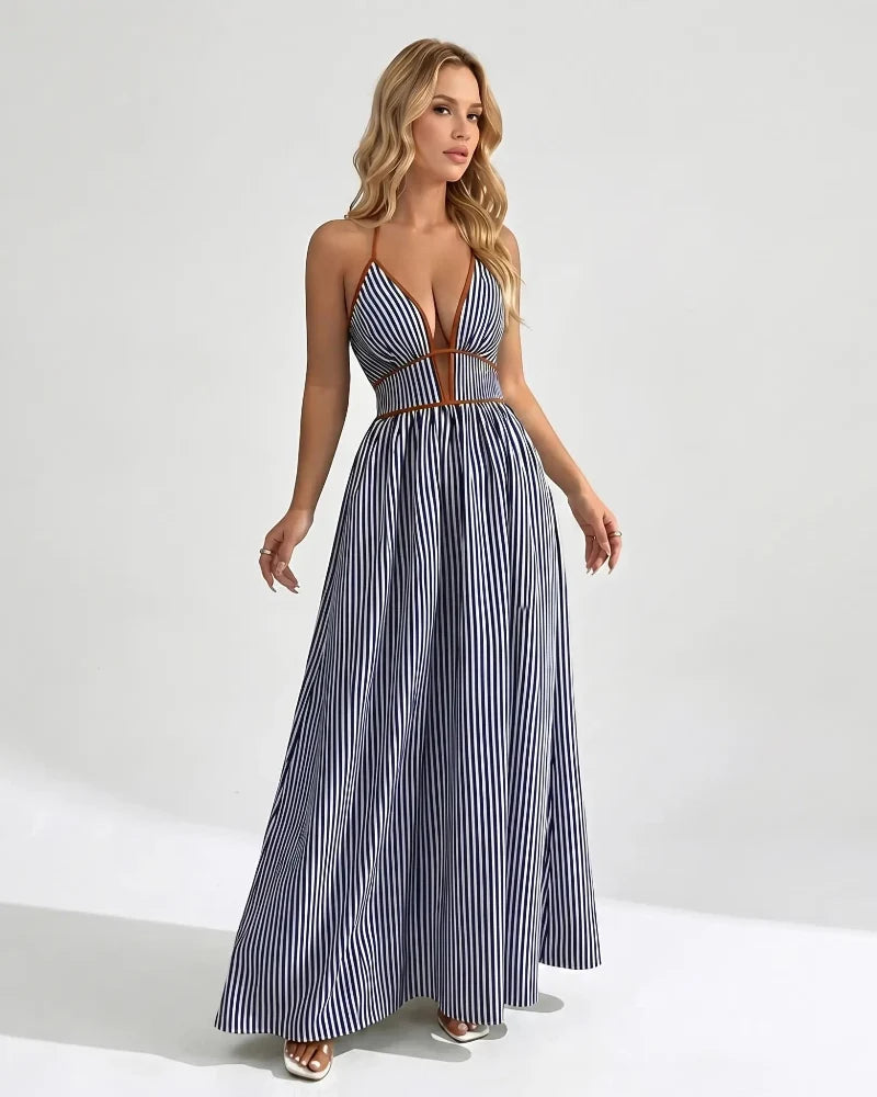 Chic Women's Pinstripe V-Neck Halter Maxi Dress – Effortlessly Stylish Summer Beachwear
