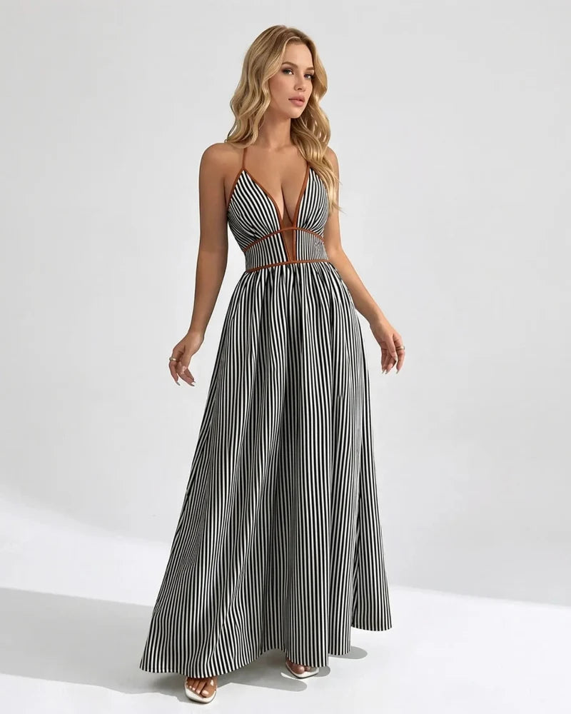 Chic Women's Pinstripe V-Neck Halter Maxi Dress – Effortlessly Stylish Summer Beachwear