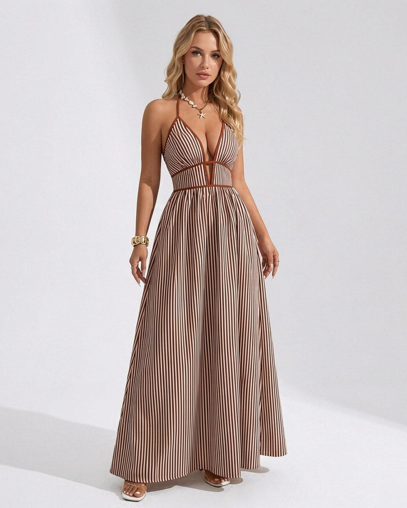 Chic Women's Pinstripe V-Neck Halter Maxi Dress – Effortlessly Stylish Summer Beachwear Secondary image