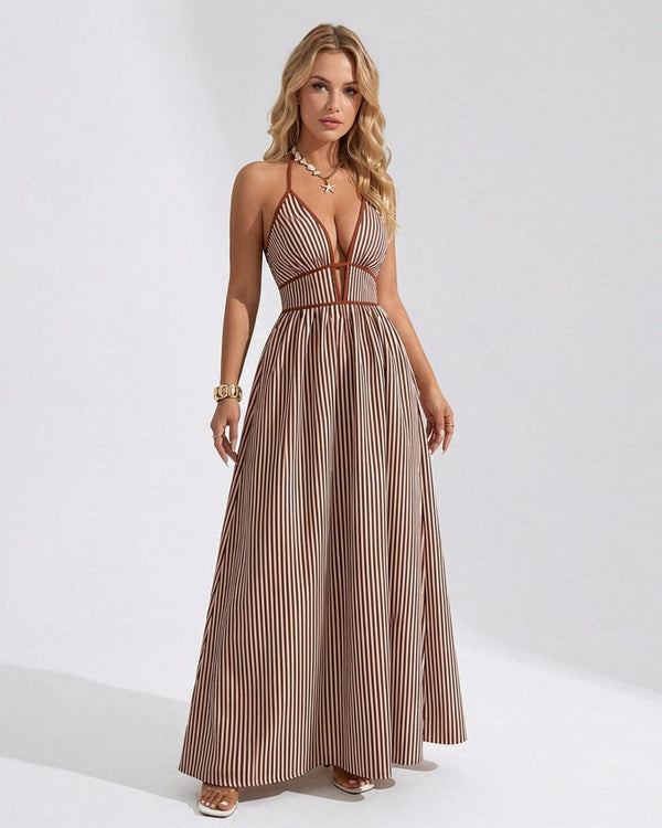Chic Women's Pinstripe V-Neck Halter Maxi Dress – Effortlessly Stylish Summer Beachwear