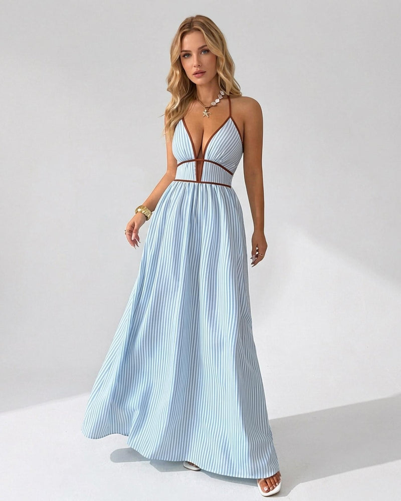 Chic Women's Pinstripe V-Neck Halter Maxi Dress – Effortlessly Stylish Summer Beachwear
