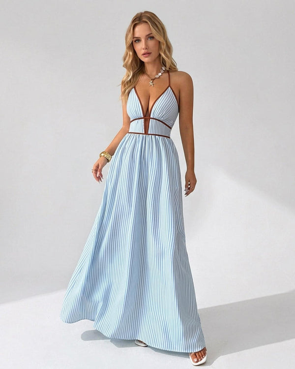 Chic Women's Pinstripe V-Neck Halter Maxi Dress – Effortlessly Stylish Summer Beachwear