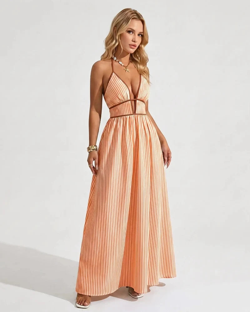 Chic Women's Pinstripe V-Neck Halter Maxi Dress – Effortlessly Stylish Summer Beachwear