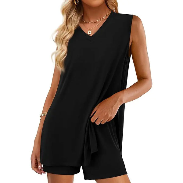 Women's Sleeveless 2-Piece Summer Lounge Set with Split-Hem Shorts – Effortless Comfort