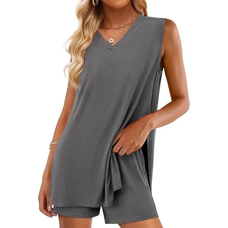 Women's Sleeveless 2-Piece Summer Lounge Set with Split-Hem Shorts – Effortless Comfort