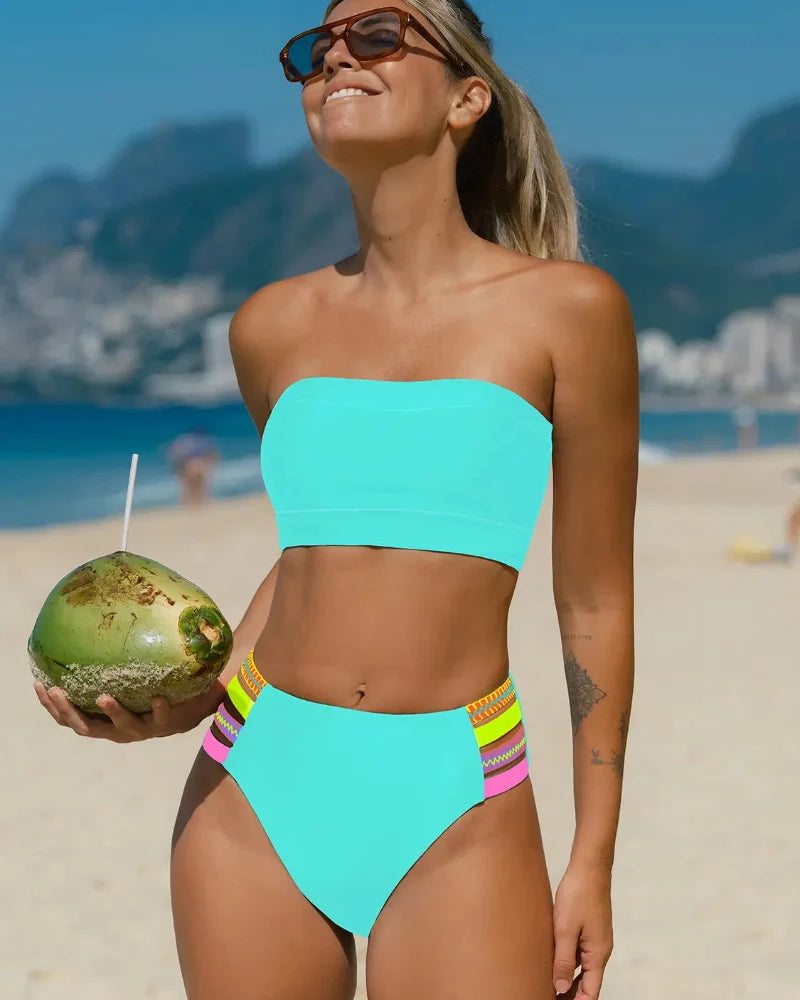 Vibrant Color Stretch Bikini Set with High-Waist Bottom and Removable Strap
