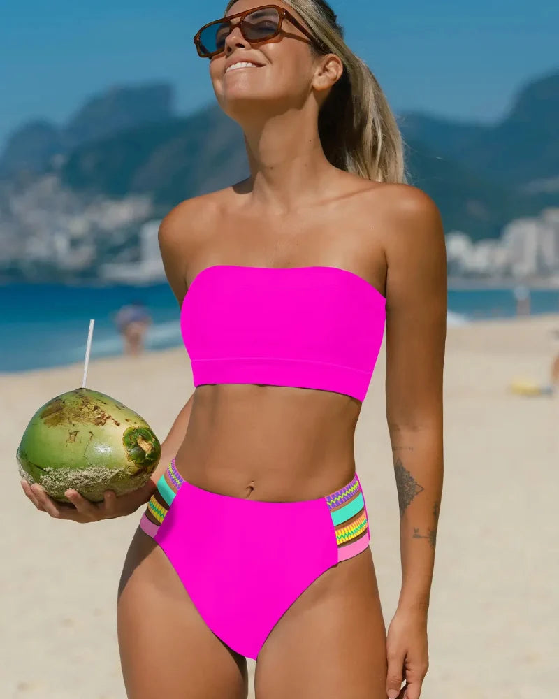 Vibrant Color Stretch Bikini Set with High-Waist Bottom and Removable Strap