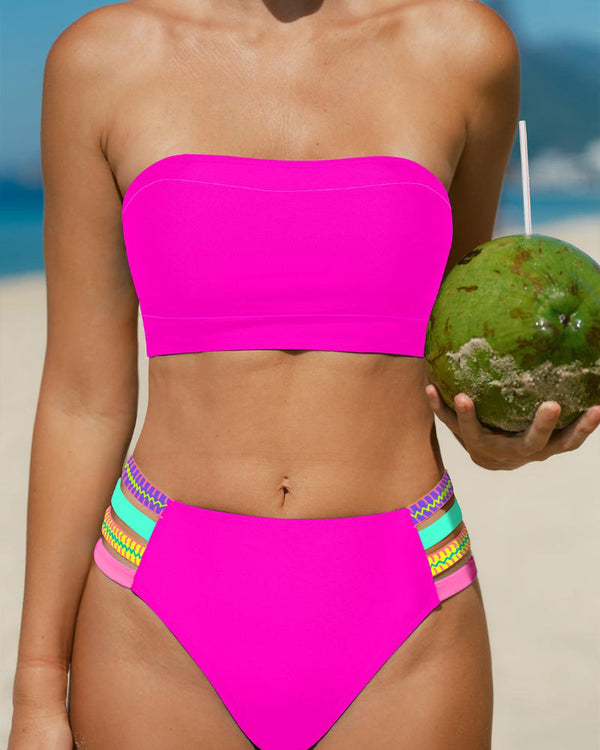 Vibrant Color Stretch Bikini Set with High-Waist Bottom and Removable Strap