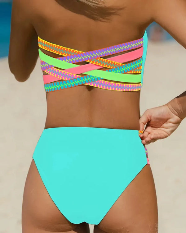 Vibrant Color Stretch Bikini Set with High-Waist Bottom and Removable Strap