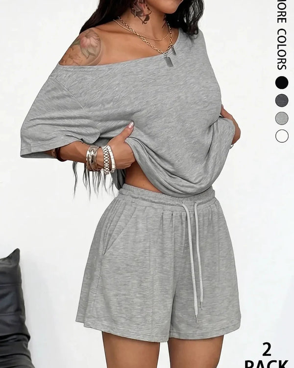 Chic Women's Off-Shoulder Tee & Wide-Leg Pants 2-Piece Set