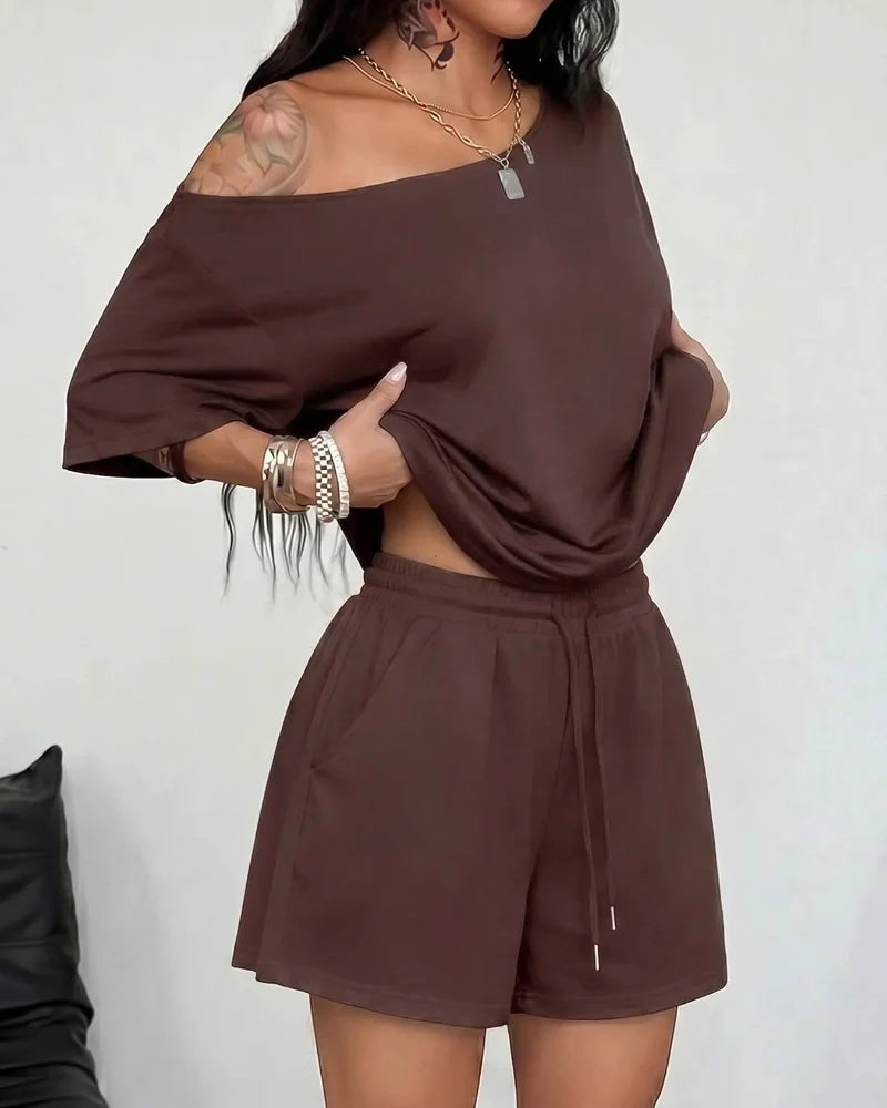 Chic Women's Off-Shoulder Tee & Wide-Leg Pants 2-Piece Set