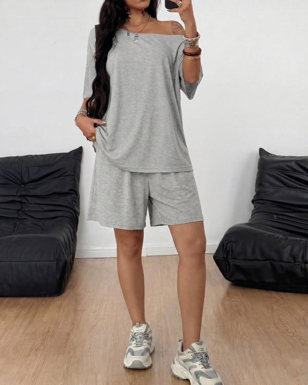Chic Women's Off-Shoulder Tee & Wide-Leg Pants 2-Piece Set