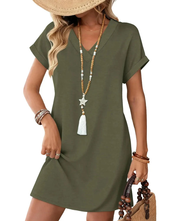 Summer 2026 Women's V-Neck Casual Short-Sleeve Dress for Beach, Wedding & Vacation Wear