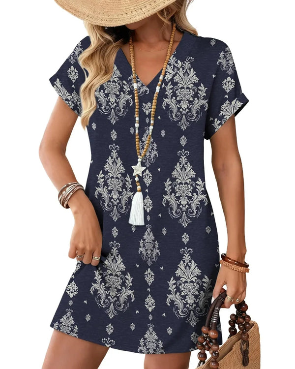 Summer 2026 Women's V-Neck Casual Short-Sleeve Dress for Beach, Wedding & Vacation Wear