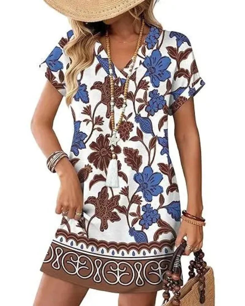 Summer 2026 Women's V-Neck Casual Short-Sleeve Dress for Beach, Wedding & Vacation Wear