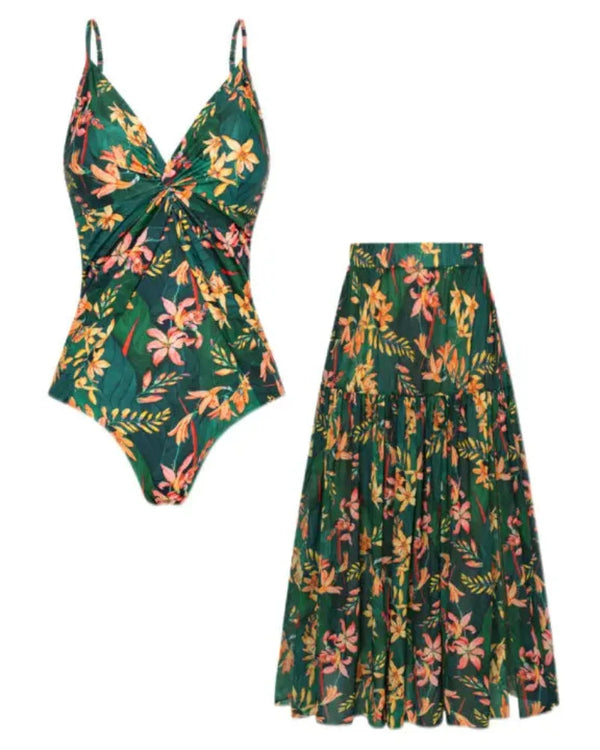 Women’s V-Neck 2-Piece Swim Set with Cover-Up Skirt