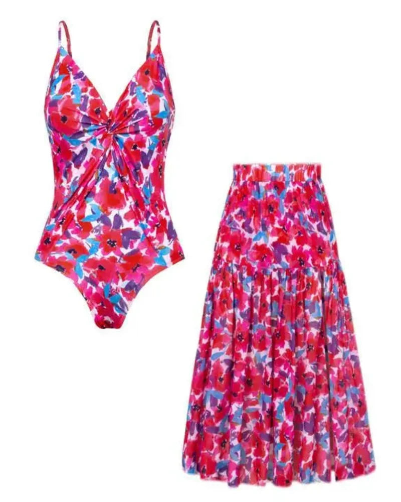 Women’s V-Neck 2-Piece Swim Set with Cover-Up Skirt Main image
