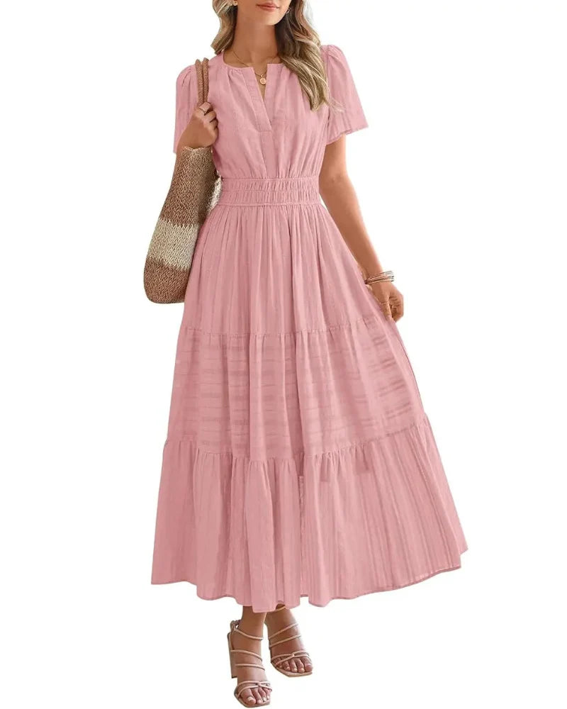 Women's Boho Maxi Dress with Pockets — Flowy V-Neck Short-Sleeve Summer Dress