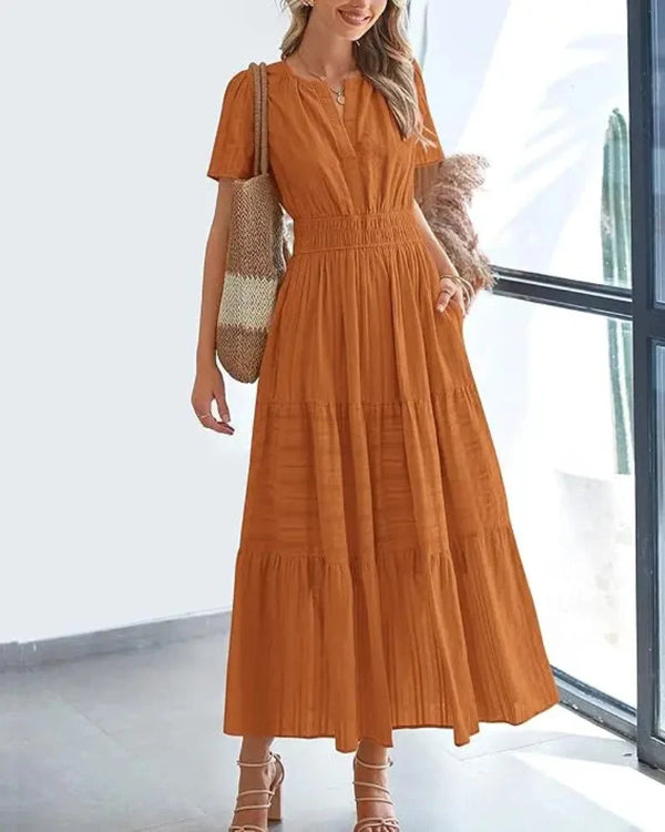Women's Boho Maxi Dress with Pockets — Flowy V-Neck Short-Sleeve Summer Dress
