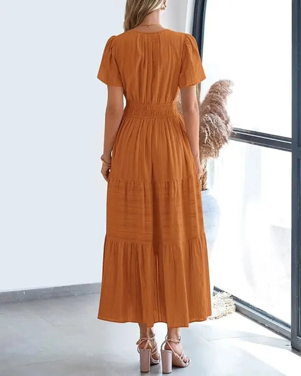 Women's Boho Maxi Dress with Pockets — Flowy V-Neck Short-Sleeve Summer Dress