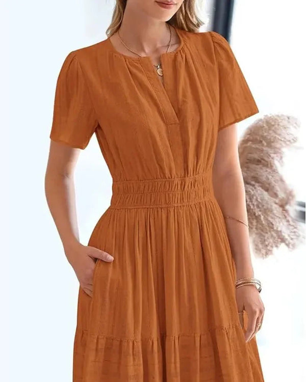 Women's Boho Maxi Dress with Pockets — Flowy V-Neck Short-Sleeve Summer Dress