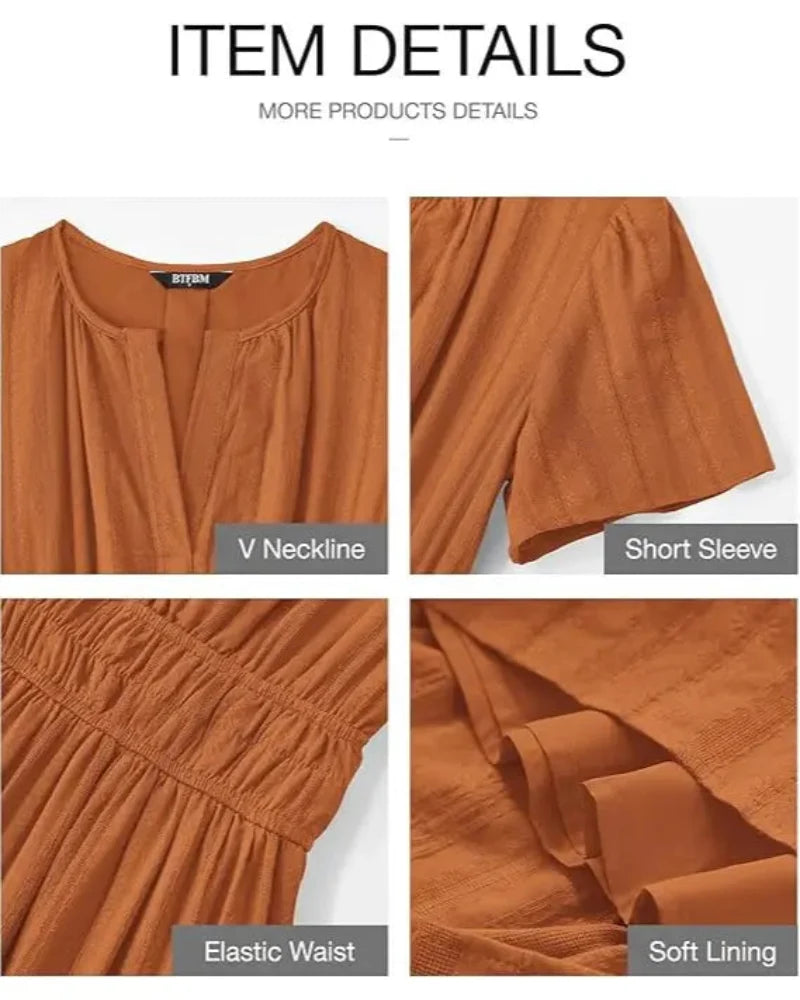 Women's Boho Maxi Dress with Pockets — Flowy V-Neck Short-Sleeve Summer Dress