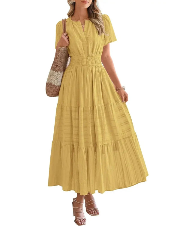Women's Boho Maxi Dress with Pockets — Flowy V-Neck Short-Sleeve Summer Dress