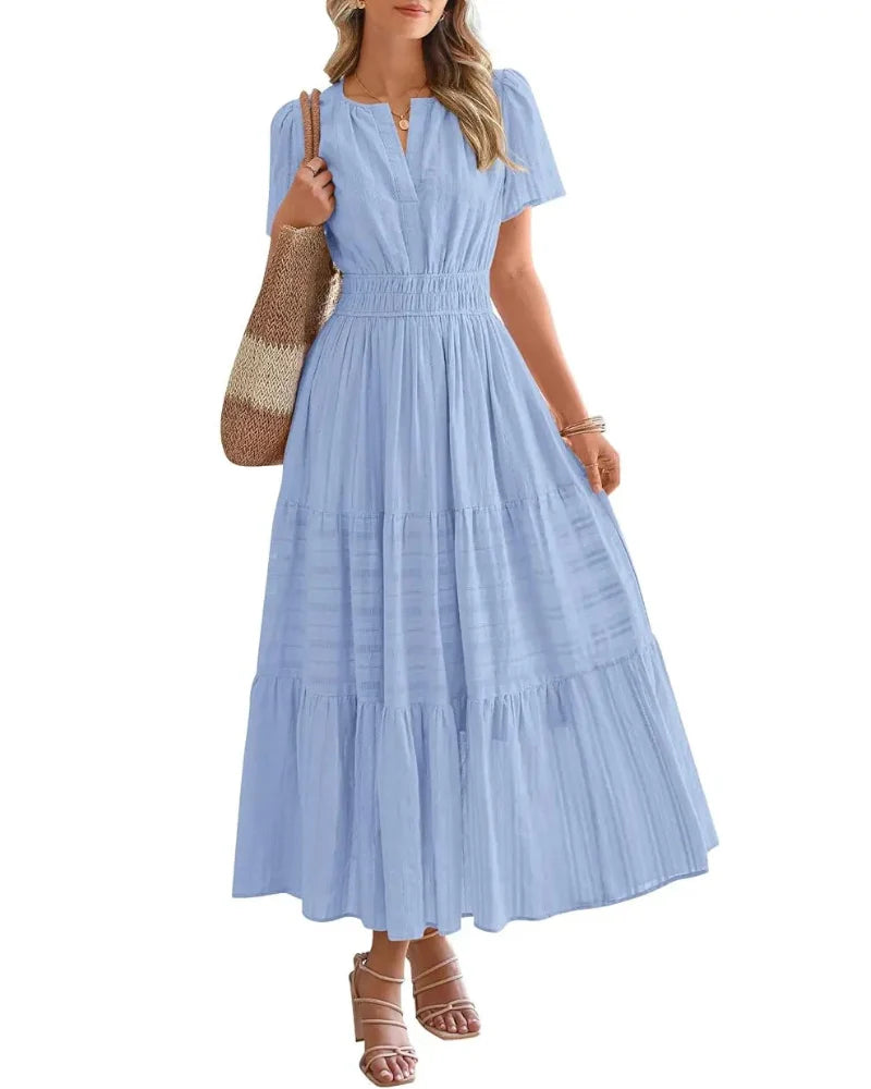 Women's Boho Maxi Dress with Pockets — Flowy V-Neck Short-Sleeve Summer Dress