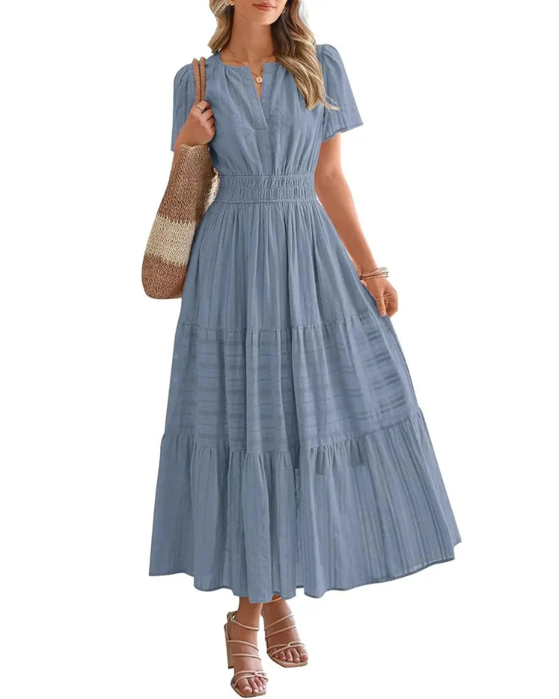 Women's Boho Maxi Dress with Pockets — Flowy V-Neck Short-Sleeve Summer Dress