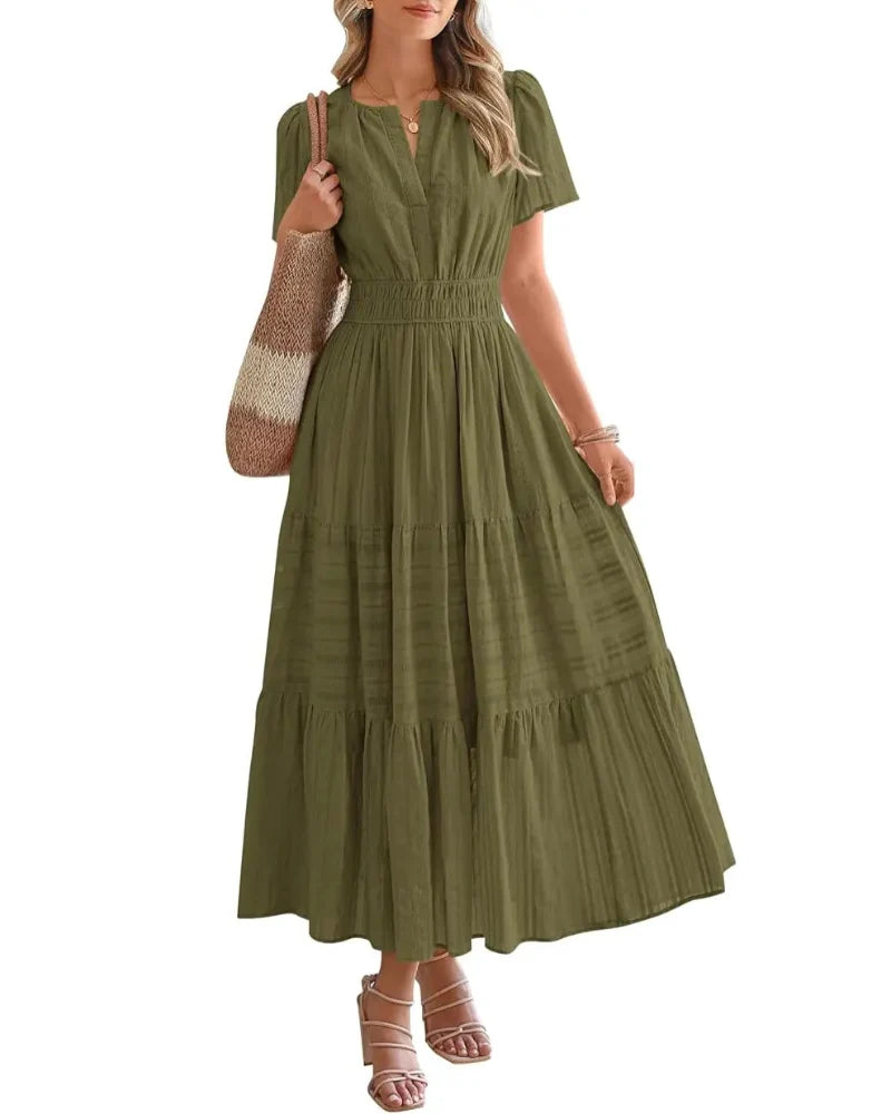 Women's Boho Maxi Dress with Pockets — Flowy V-Neck Short-Sleeve Summer Dress