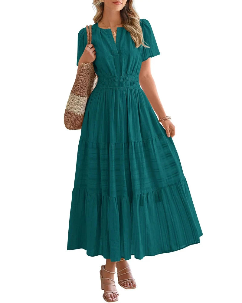 Women's Boho Maxi Dress with Pockets — Flowy V-Neck Short-Sleeve Summer Dress