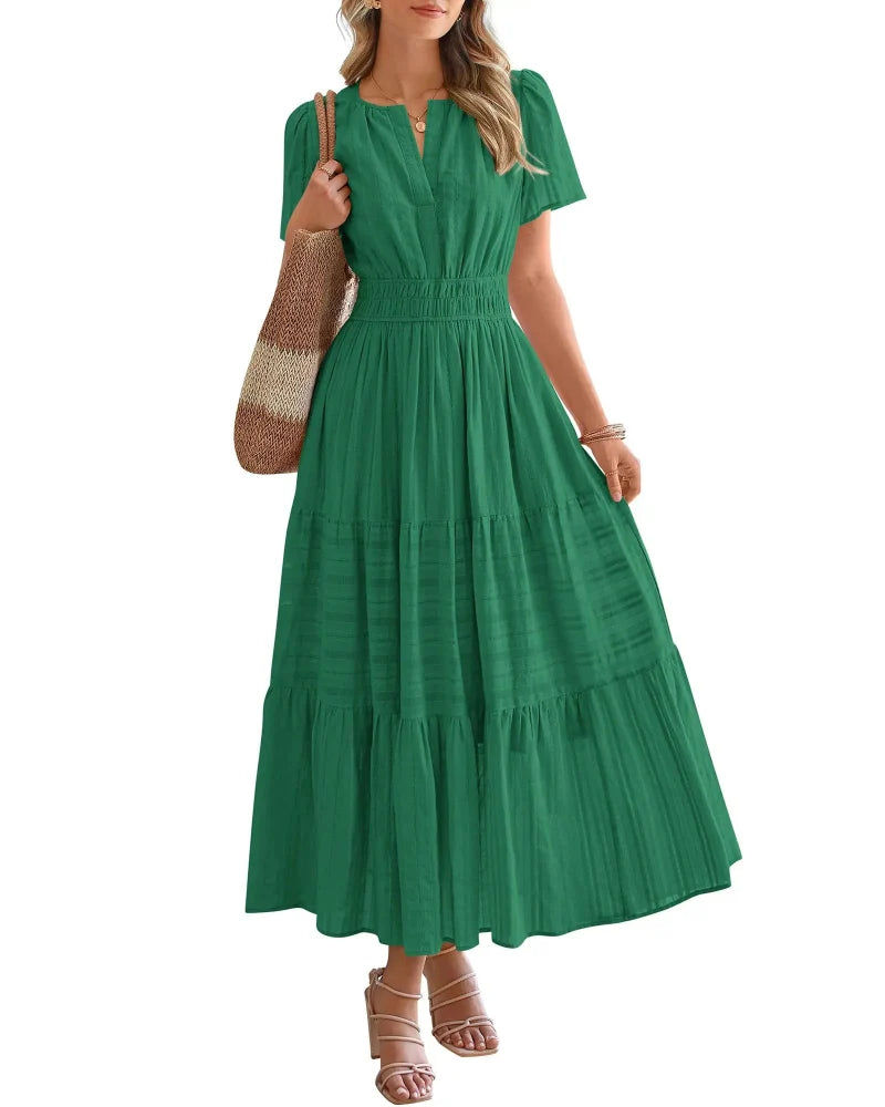 Women's Boho Maxi Dress with Pockets — Flowy V-Neck Short-Sleeve Summer Dress