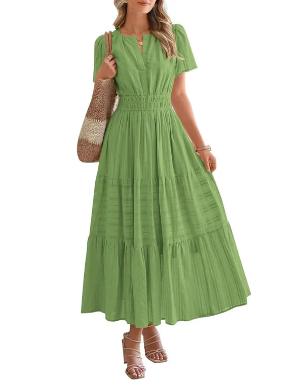 Women's Boho Maxi Dress with Pockets — Flowy V-Neck Short-Sleeve Summer Dress