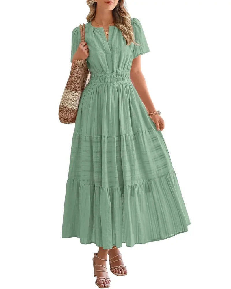Women's Boho Maxi Dress with Pockets — Flowy V-Neck Short-Sleeve Summer Dress